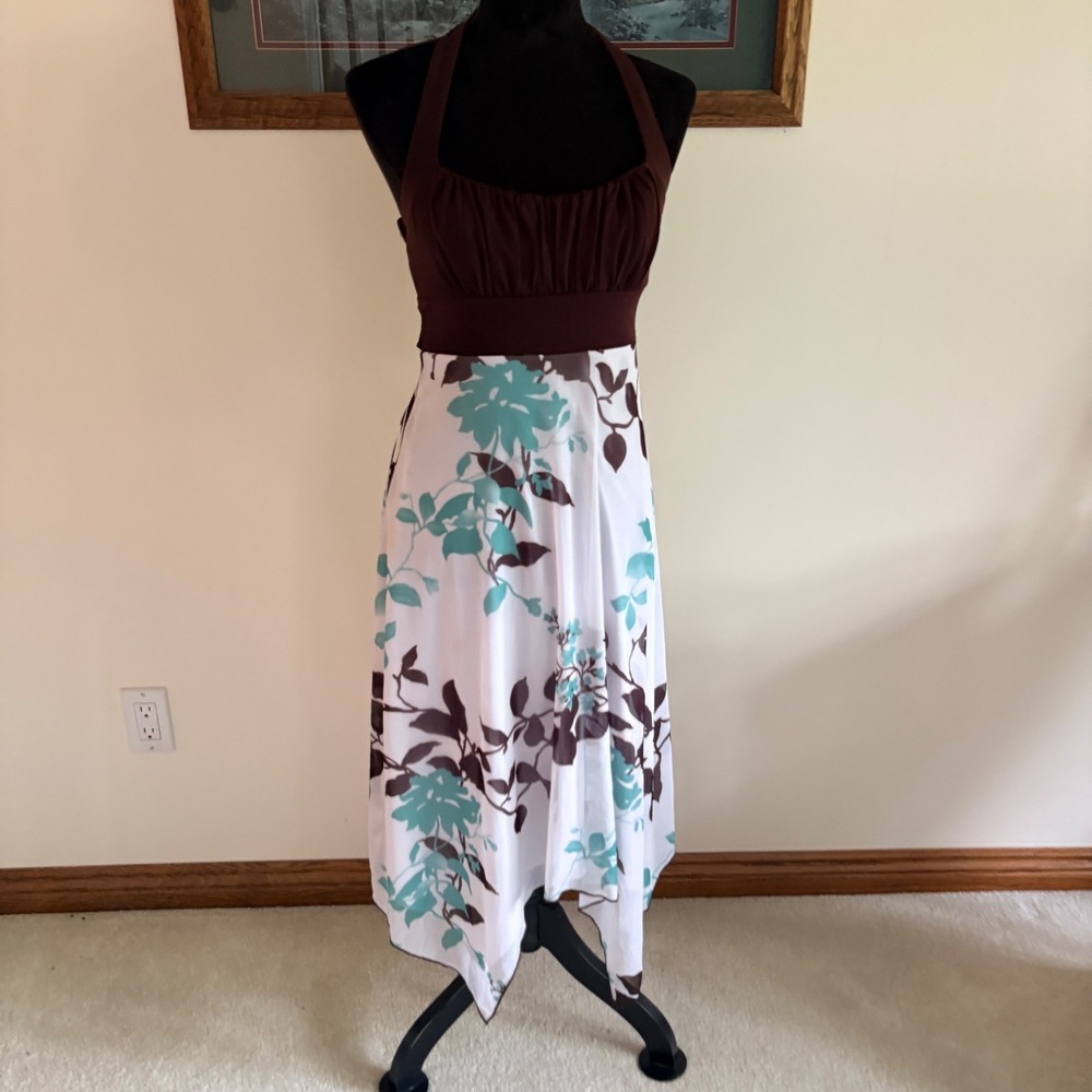 Speechless Halter Midi Dress Womens Small Brown Floral Handkerchief Hem Y2K Boho
